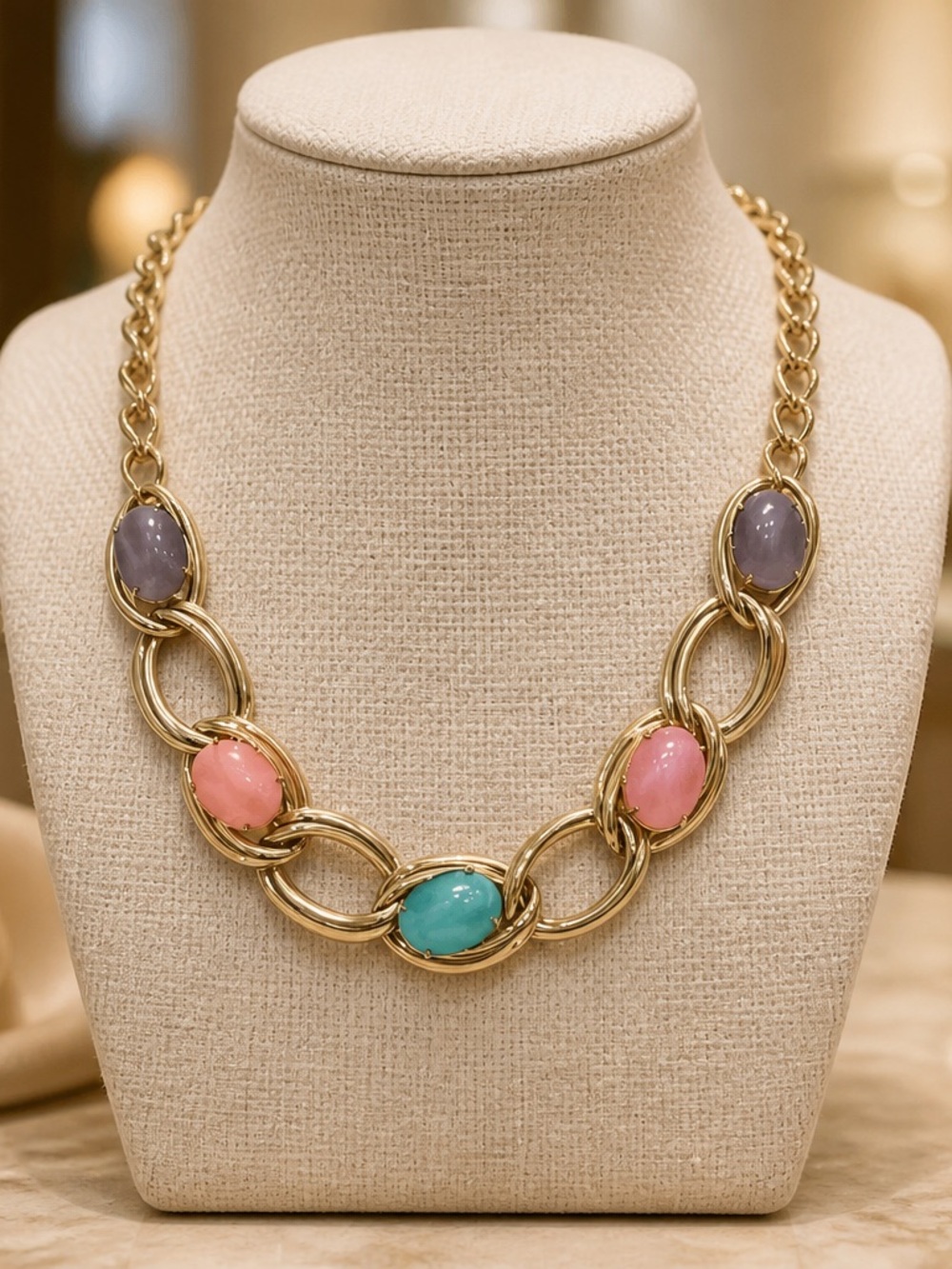 Vintage Trifari Style Gold Tone Cabochon Statement Necklace - Pink Purple Aqua